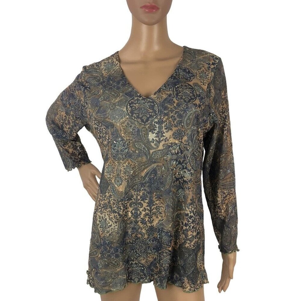 Therapy Y2K Graphic Paisley Print Top Size 2X Multicolor‎ V-Neck Long Fairy Boho